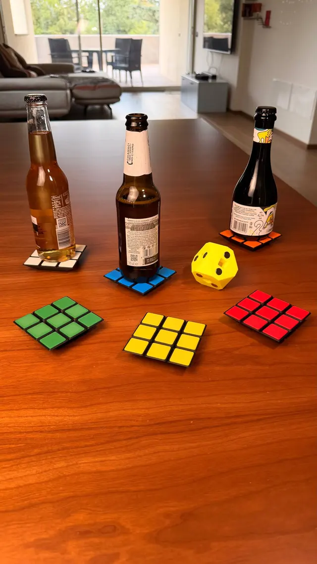 Coloured coasters and bottles in a living room