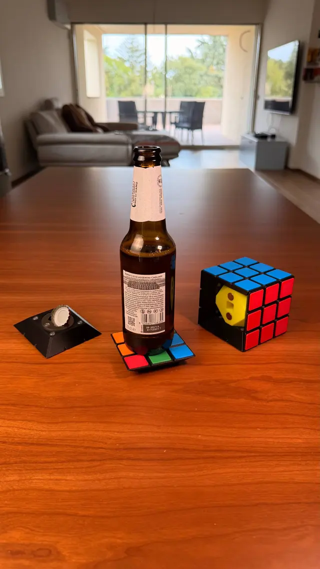 The cube with a bottle and a coaster