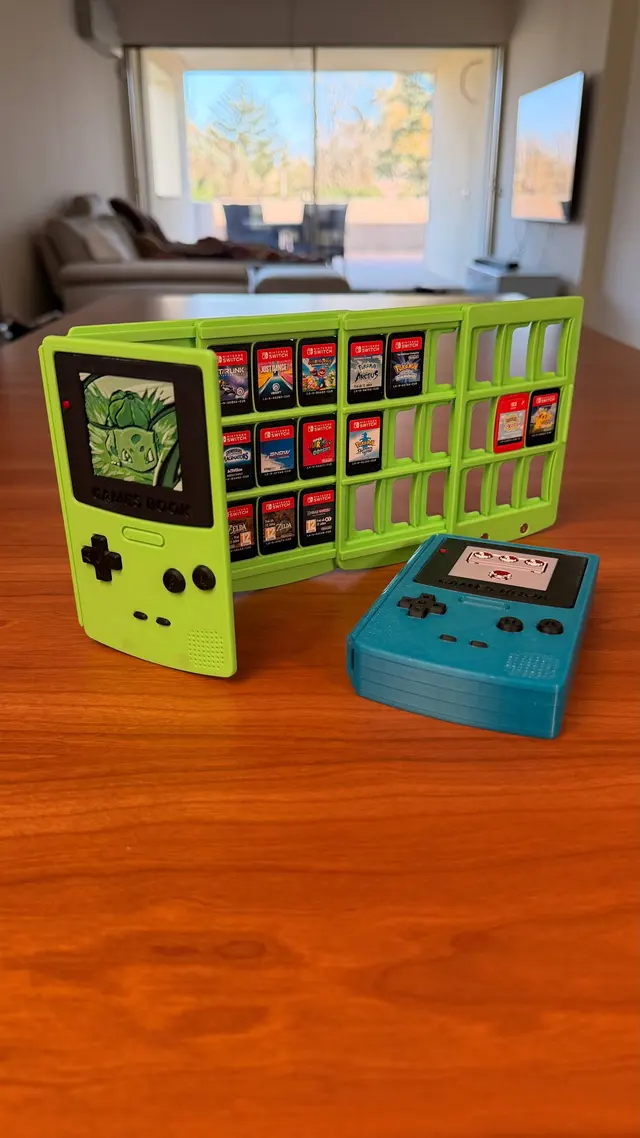 Green Games Book closed, shaped like a handheld console, on the table