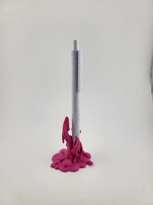 Pink Slime pen holder with an upright pen, another view